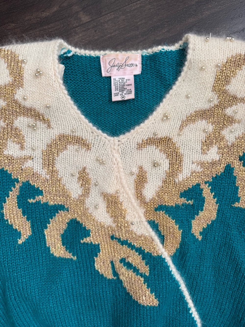 Vintage Jacklyn Smith Beaded Angora Sweater Teal Gold Fits S - Picture 4 of 11
